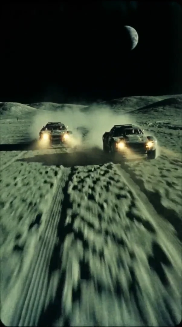 Two off-road vehicles racing across a moonlike surface beneath a crescent body