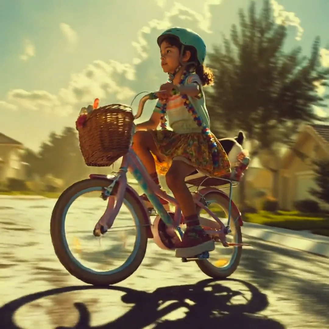 Child riding a bicycle through a sunny suburban street at golden hour